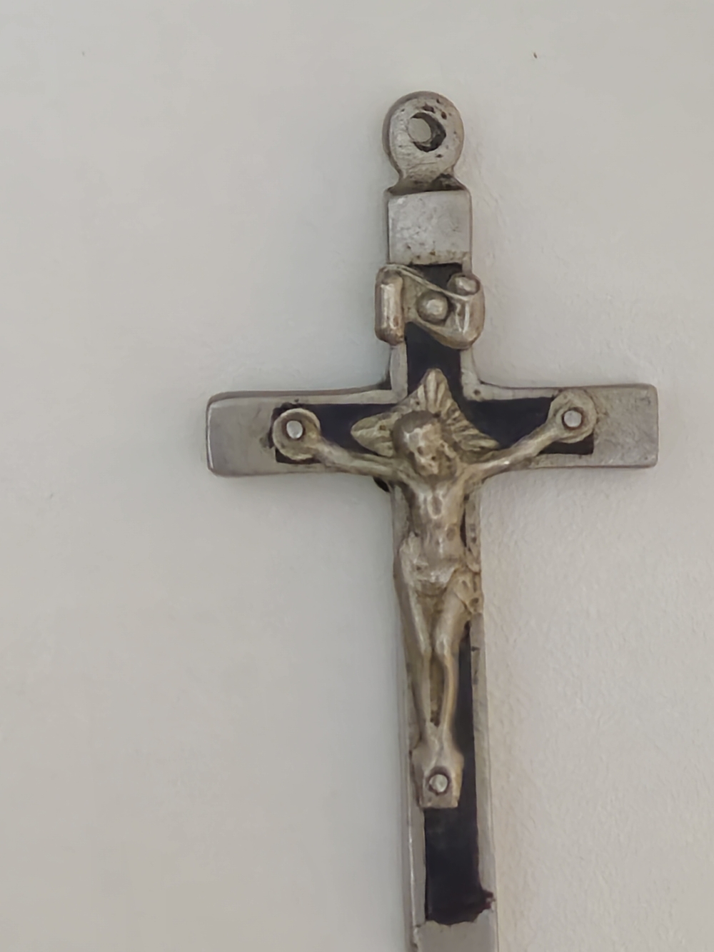 Men's Silver-Tone Crucifix Pendant with Black Inlay